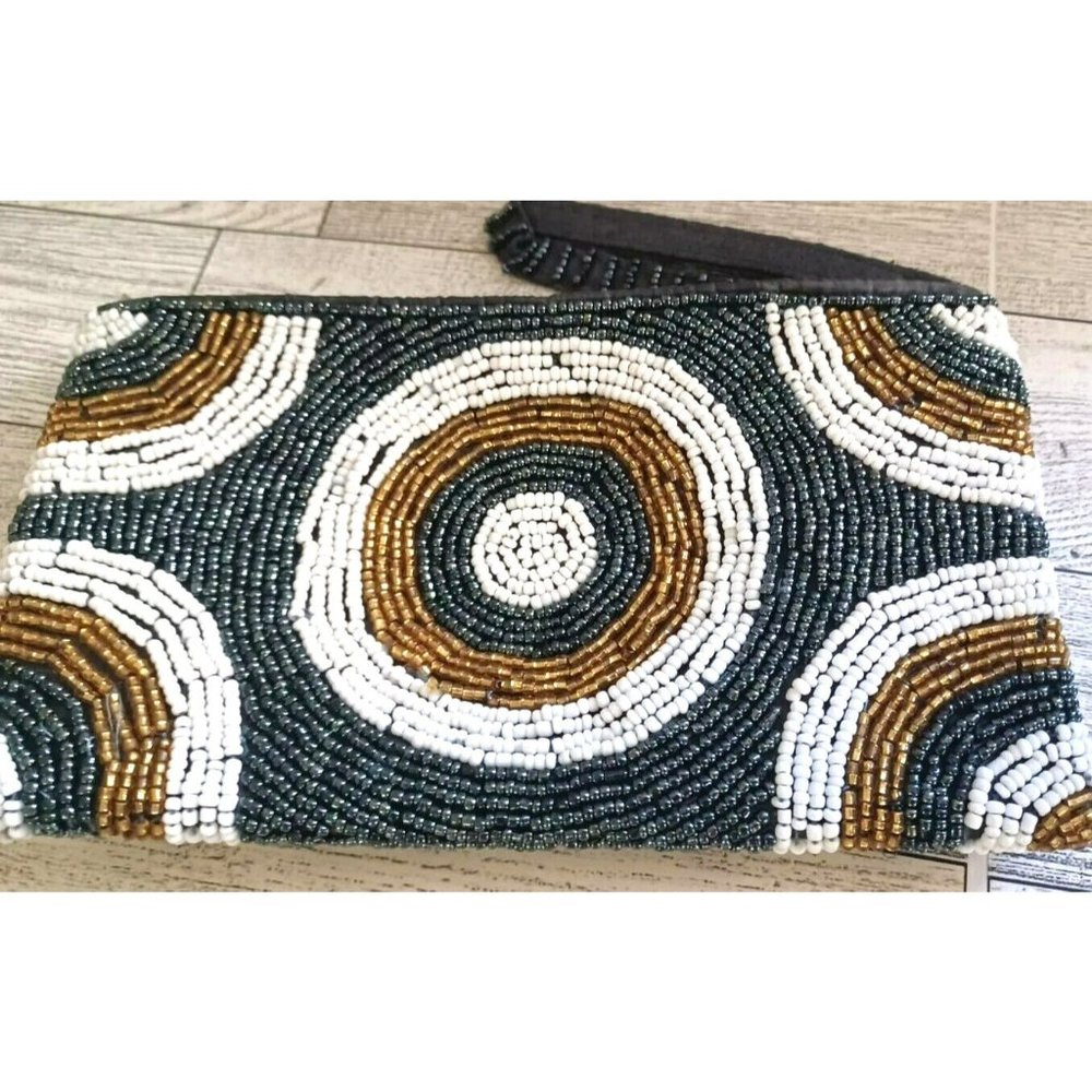 Beaded wristlet wallet zipper Suzani style Grey Gold Zipper NEW Bullseye Pattern